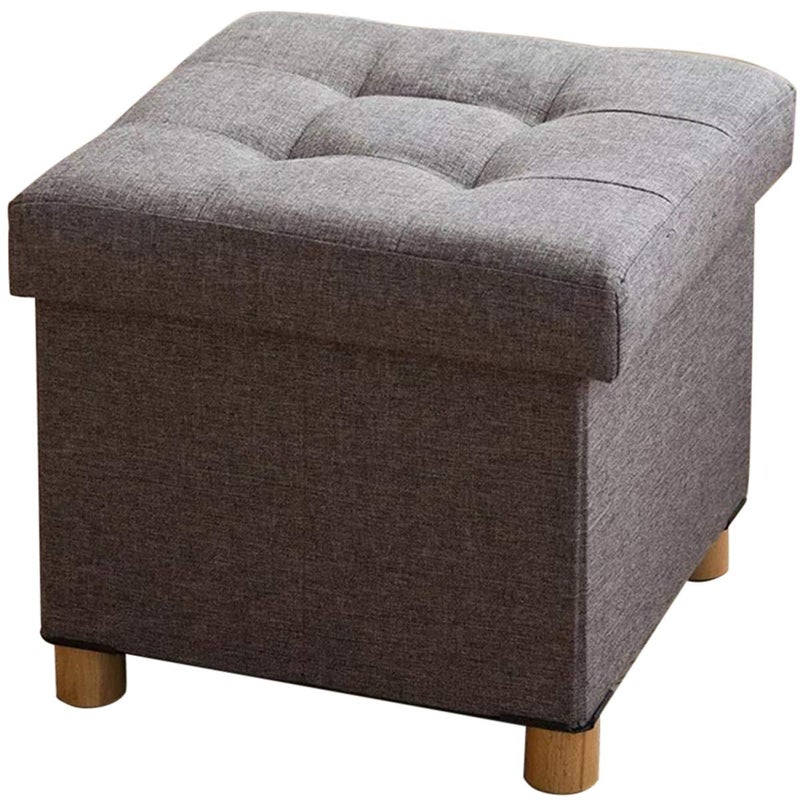 BRIAN  DANY Folding Ottoman Storage Box with Wood Legs Linen Foot Stool Footstool with Storage Highly Elastic Sponge Filling Gray 38 x 38 x 38 cm