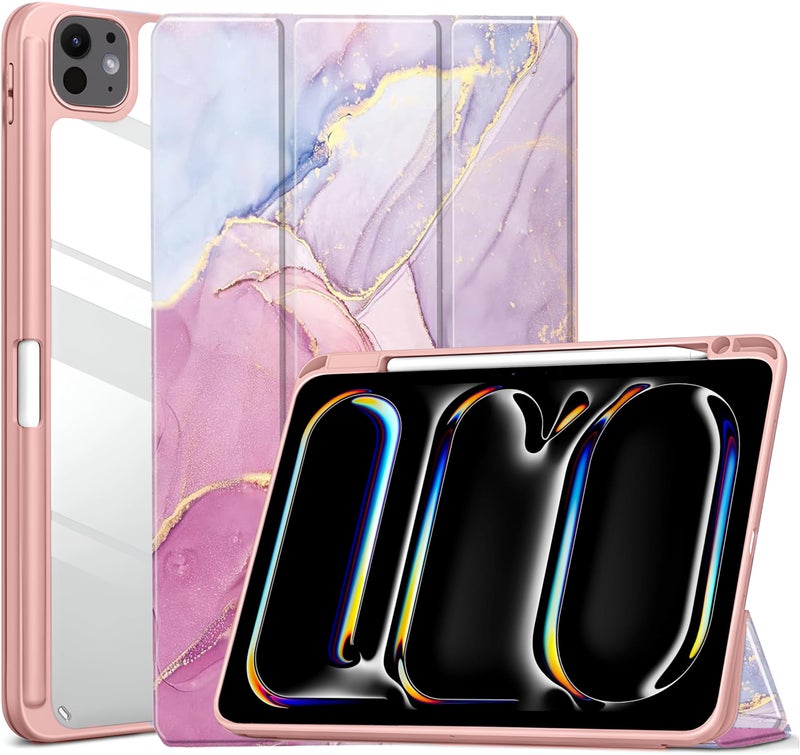 ProElite Case Cover for Apple iPad Pro 13 M4/M5 2024/2025 Cover, Transparent Smart Flip Cover for iPad Pro 13 inch M4/M5 2024/2025 with Pencil Holder, Marble Pink - Image 1