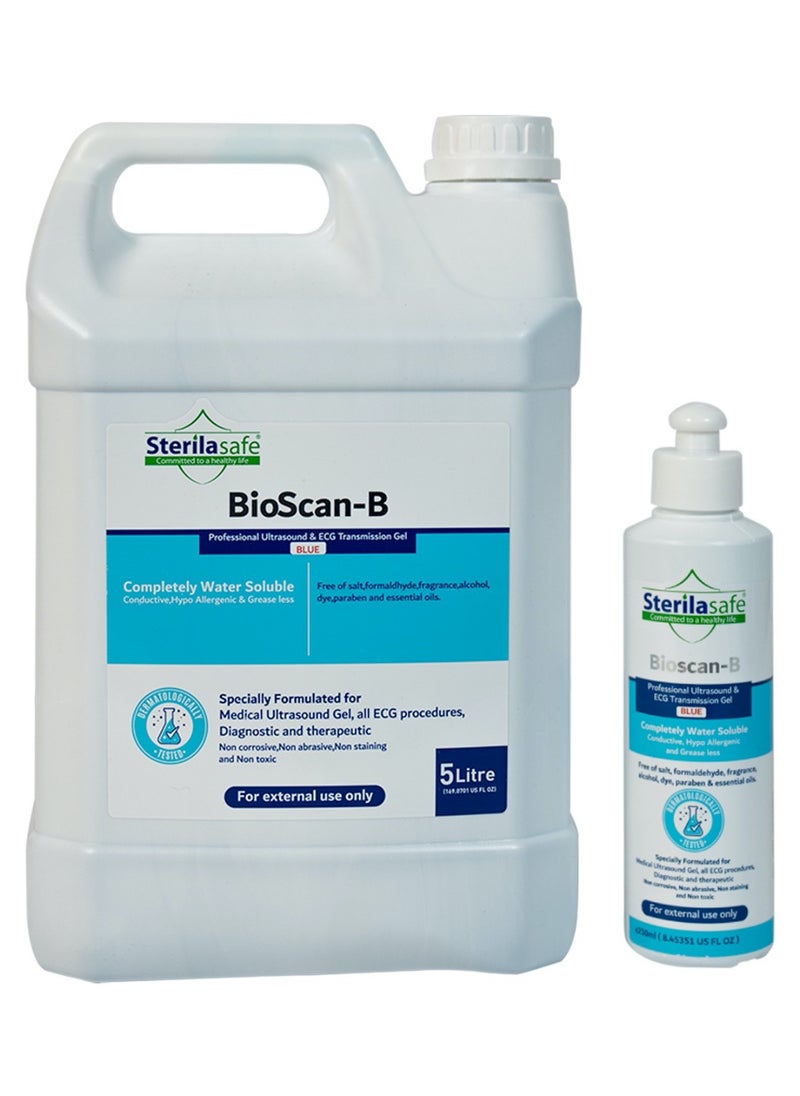 Sterilasafe Sterilasafe BioScan-B Professional ECG Medical Ultrasound Transmission Gel, Blue Gel, For Beauty Application, Gel for Therapeutic Medical, 5 Litre with 250 ml Free Refill Bottle  - Image 1