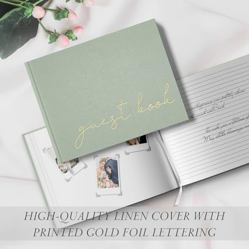 BVSSX Wedding Guest Book for Memorial Service, Half Blank and Lined Guestbook Alternative with Table Sign, 108 Polaroid Photo Corners Stickers, Baby Shower, 100 Pages - Sage 8x10” - Image 2