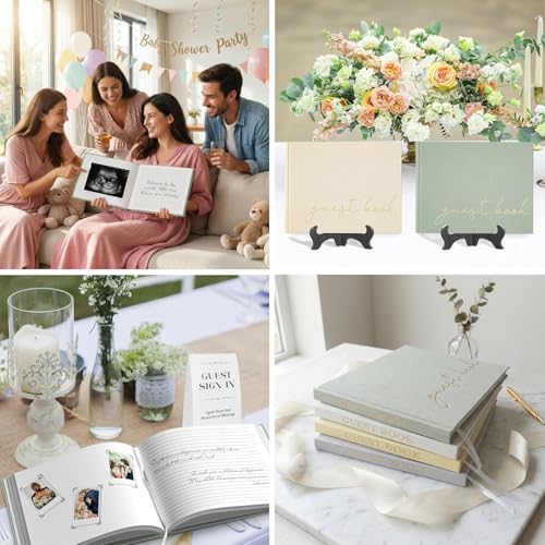 BVSSX Wedding Guest Book for Memorial Service, Half Blank and Lined Guestbook Alternative with Table Sign, 108 Polaroid Photo Corners Stickers, Baby Shower, 100 Pages - Sage 8x10” - Image 5