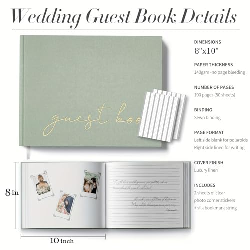 BVSSX Wedding Guest Book for Memorial Service, Half Blank and Lined Guestbook Alternative with Table Sign, 108 Polaroid Photo Corners Stickers, Baby Shower, 100 Pages - Sage 8x10” - Image 3