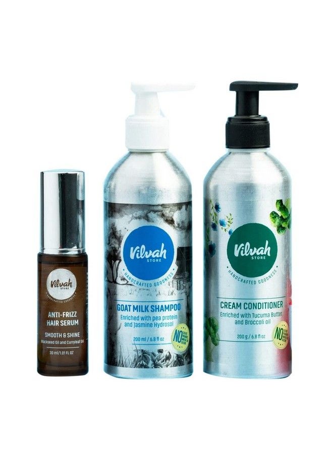 vilvah STORE - Frizz Free Hair Combo Anti Frizz Hair Serum + Goat Milk Shampoo + Cream Conditioner Great For Dry Damaged And Frizzy Hair 430Ml - Image 1