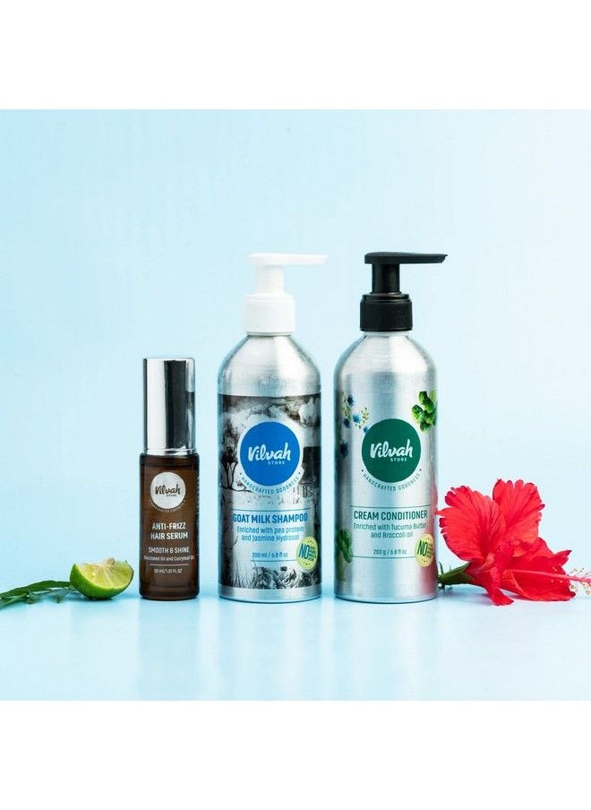 vilvah STORE - Frizz Free Hair Combo Anti Frizz Hair Serum + Goat Milk Shampoo + Cream Conditioner Great For Dry Damaged And Frizzy Hair 430Ml - Image 1