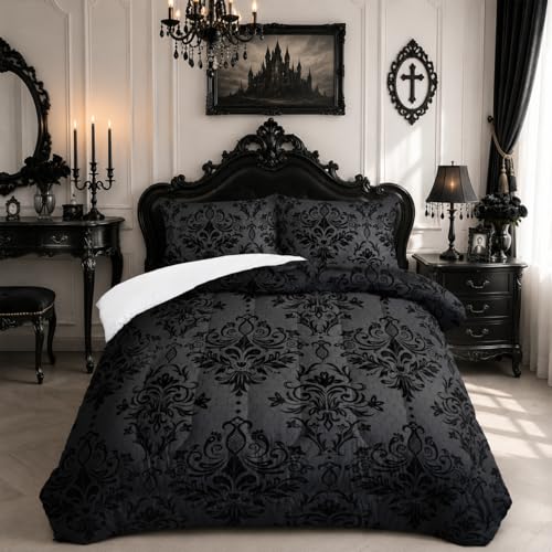 Nttopship Black Gothic Floral Print Comforter Set King SizeVintage Damask Floral Bedding SetBohemian Exotic Printed Quilted Set for Teens Adultwith 1 Comforter and 2 Pillow Case - Image 1