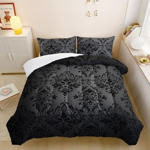 Nttopship Black Gothic Floral Print Comforter Set King SizeVintage Damask Floral Bedding SetBohemian Exotic Printed Quilted Set for Teens Adultwith 1 Comforter and 2 Pillow Case - Image 3