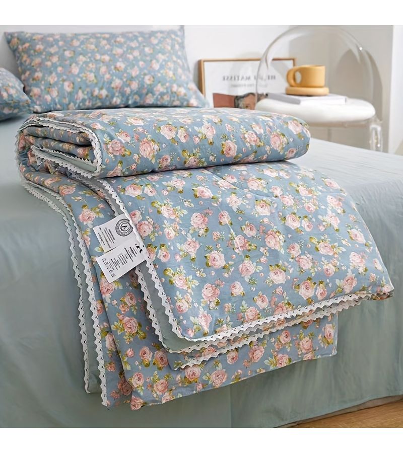 Light Blue Summer Thin Quilt With Blue Rose Floral Pattern And Super Soft Solid Color Lining For Living Room Balcony Bedroom 39 37 By 59 06 Inches - Image 1