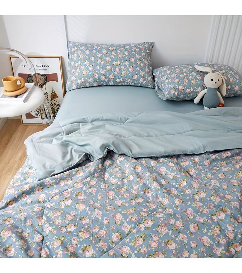 Light Blue Summer Thin Quilt With Blue Rose Floral Pattern And Super Soft Solid Color Lining For Living Room Balcony Bedroom 39 37 By 59 06 Inches - Image 5