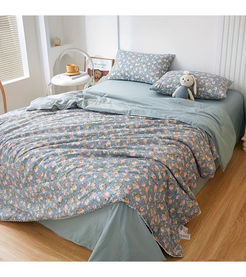 Light Blue Summer Thin Quilt With Blue Rose Floral Pattern And Super Soft Solid Color Lining For Living Room Balcony Bedroom 39 37 By 59 06 Inches - Image 4