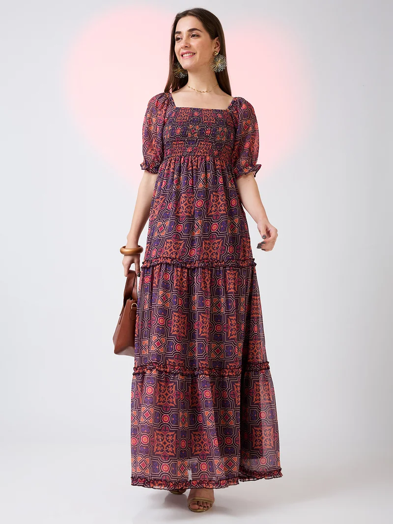 globus Globus Women Square Neck Puff Sleeves Ethnic Print Smocked Tiered Fit & Flare Maxi Dress