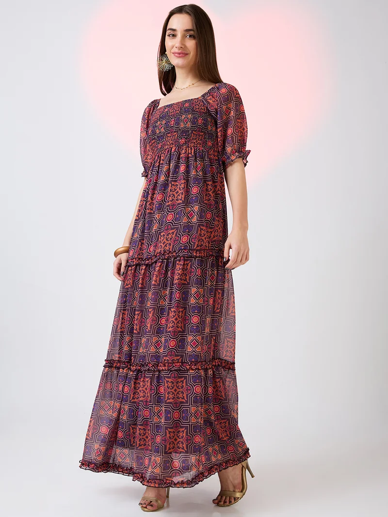 globus Women Square Neck Puff Sleeves Ethnic Print Smocked Tiered Fit & Flare Maxi Dress