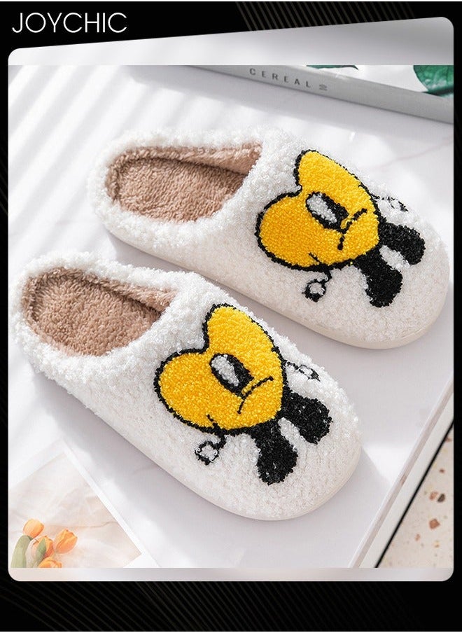 NIBEMINENT Lovely Cartoon Embroidery Warm Indoor Bedroom Slides Autumn and Winter Women Men Couple Flat Household Slippers with Love Pattern White+Yellow  - Image 3