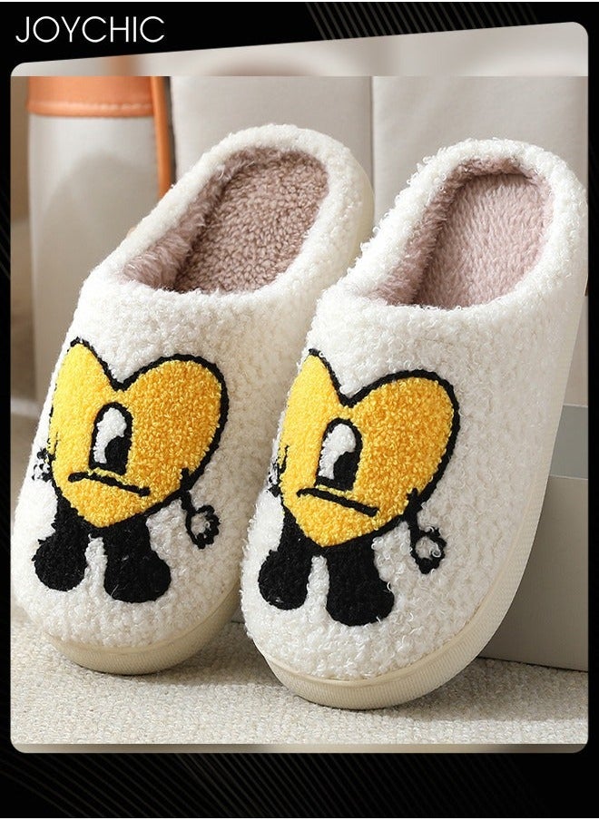 NIBEMINENT Lovely Cartoon Embroidery Warm Indoor Bedroom Slides Autumn and Winter Women Men Couple Flat Household Slippers with Love Pattern White+Yellow  - Image 2