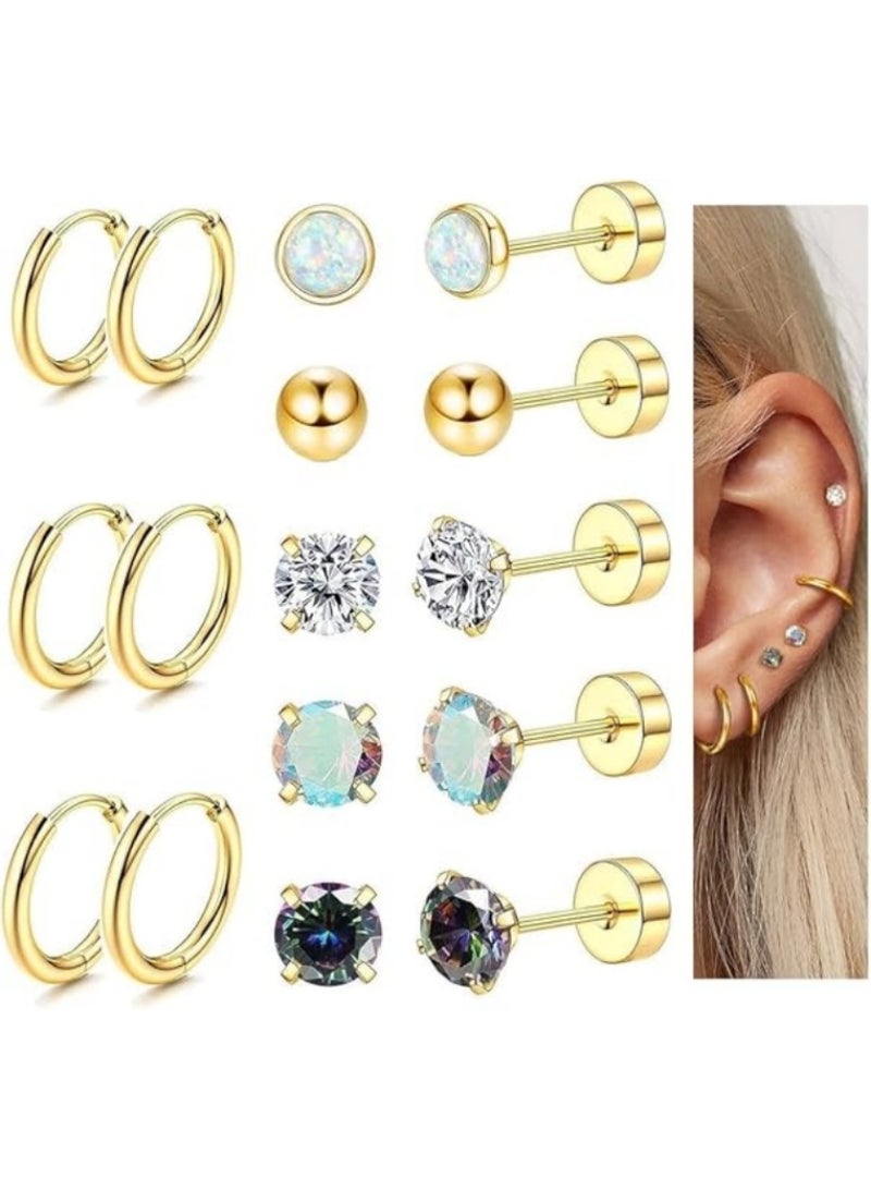 8 Pairs Titanium Steel Piercing Earrings 20G Unisex Small Ball Opal CZ Flatback Earrings Tragus Cartilage Helix Flat Back Design - Image 1
