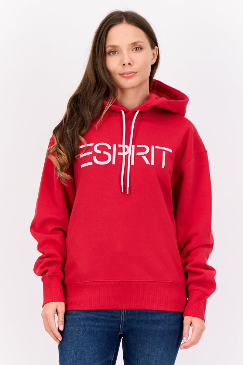 ESPRIT Women Long Sleeves Brand Logo Hooded Sweatshirts, Red - Image 1