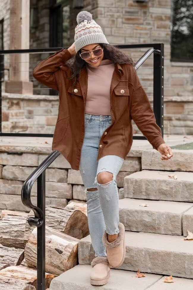 VICHYIE Womens Shirts Shacket Casual Long Sleeve Corduroy Lapel Oversized Button Down Blouses Tops Coat Coffee M - Image 2