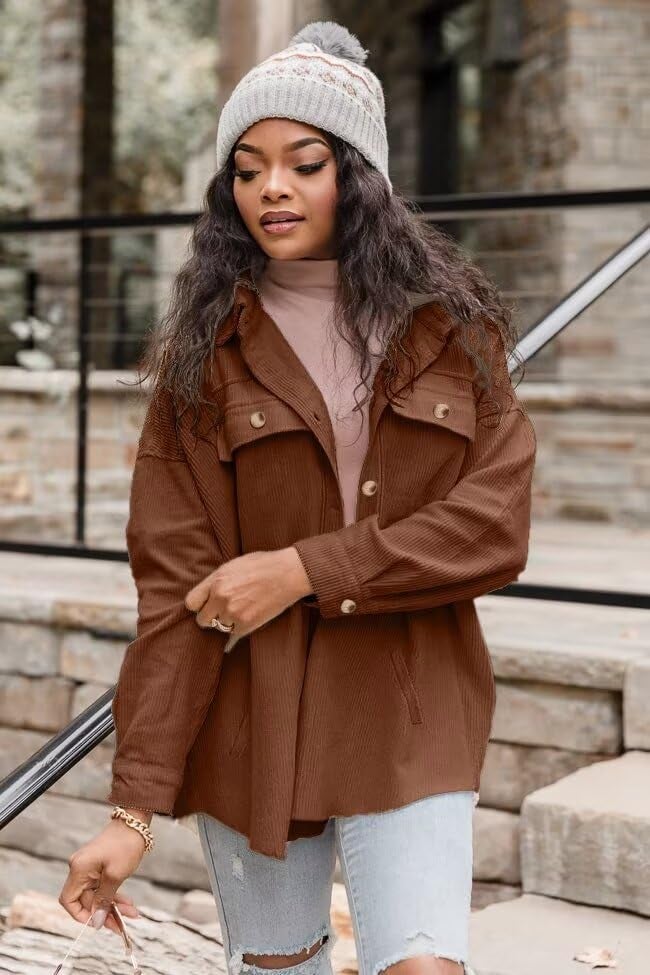 VICHYIE Womens Shirts Shacket Casual Long Sleeve Corduroy Lapel Oversized Button Down Blouses Tops Coat Coffee M - Image 3
