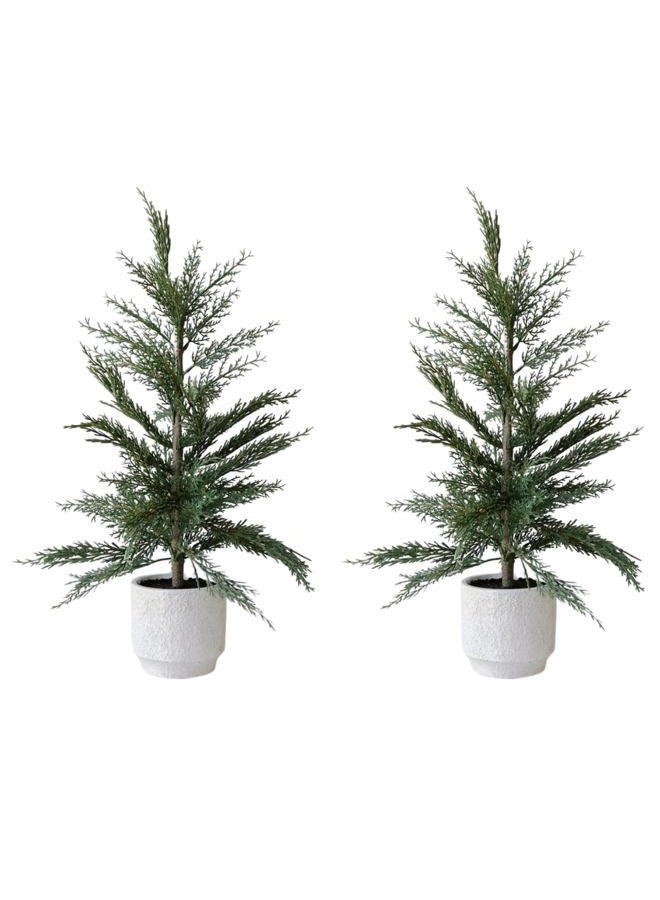 CG Hunter Holiday Collection, Set-of-2 Faux Evergreen Cedar Trees, Premium Artificial Indoor & Outdoor Cedar Tree Stands 24" Tall in Creme Pot–Perfect Christmas Decoration - Image 1
