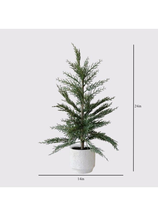 CG Hunter Holiday Collection, Set-of-2 Faux Evergreen Cedar Trees, Premium Artificial Indoor & Outdoor Cedar Tree Stands 24" Tall in Creme Pot–Perfect Christmas Decoration - Image 2
