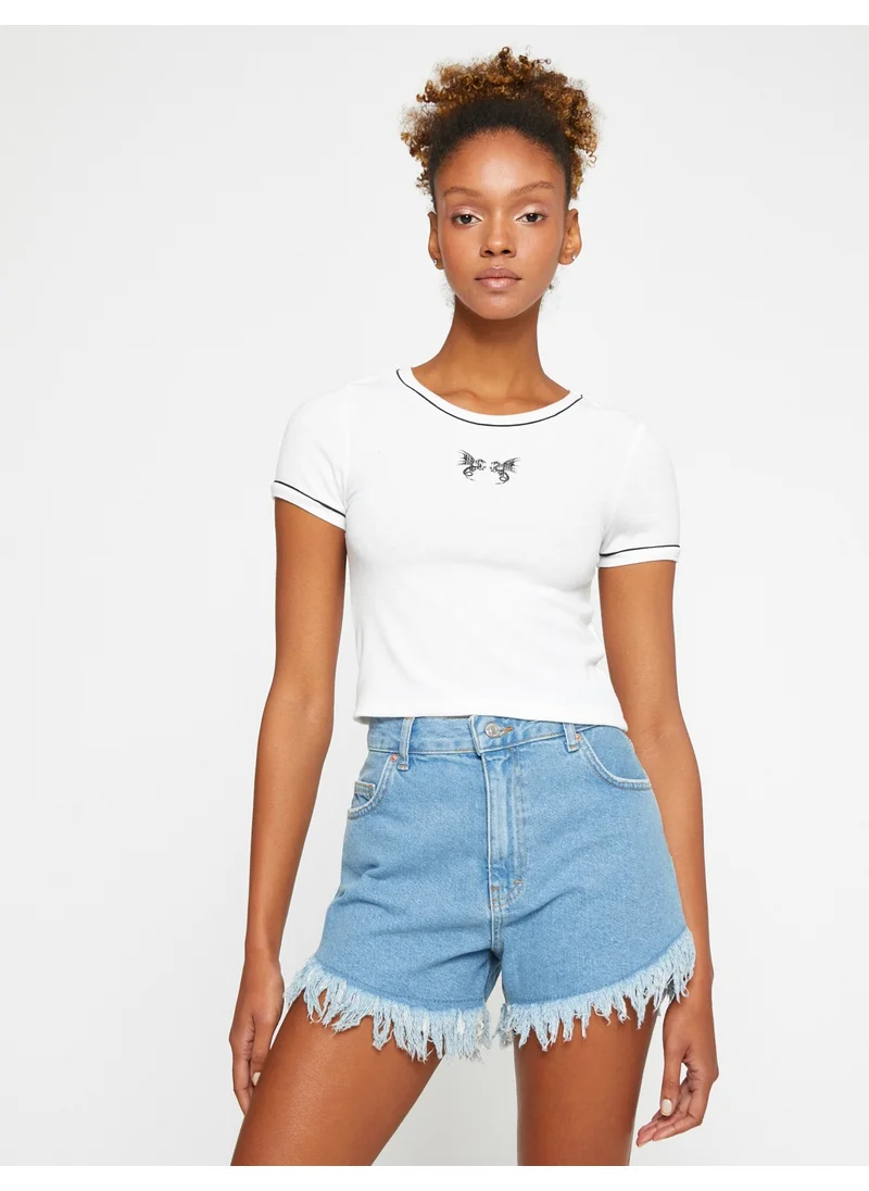 كوتون Crop T-Shirt Short Sleeve Printed Crew Neck