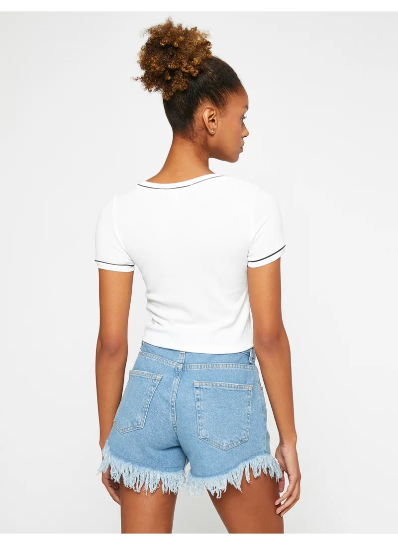 كوتون Crop T-Shirt Short Sleeve Printed Crew Neck