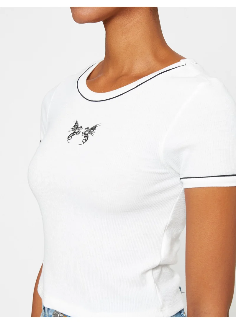كوتون Crop T-Shirt Short Sleeve Printed Crew Neck
