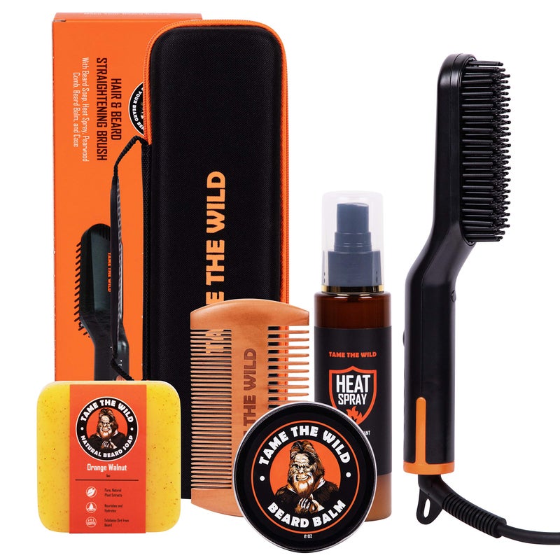 TAME THE WILD MAKE YOUR BEARD BEHAVE Tame the Wild Premium Beard Grooming Kit - Heated Beard Brush, Straightener Comb, Heat Protectant Spray, Beard Soap, Balm, Wooden Comb, and Storage Case - Image 1