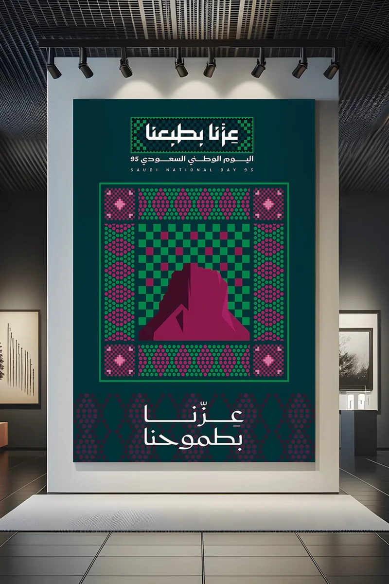 لوحة لوحة كانفاس على إطار خشبي لليوم الوطني السعودي بتصميم عزنا بطبعنا عزنا بطموحنا