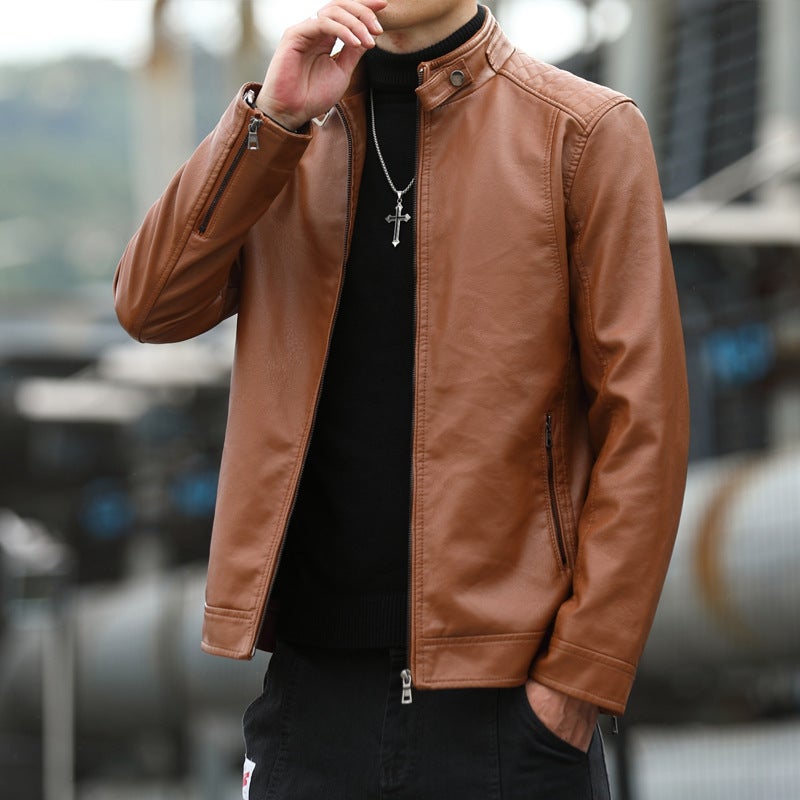 Leather Men'S Fashionable 2021 Men'S Korean Style Slim-Fit Standing Collar Casual Jacket For Youth Pu Leather Jacket For Men - Image 2