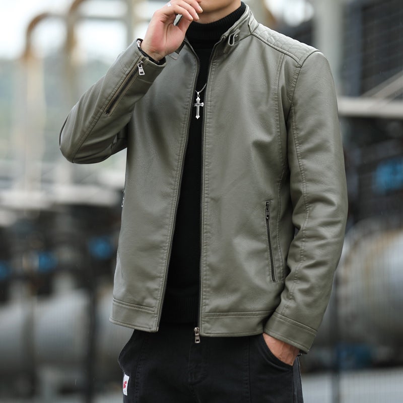 Leather Men'S Fashionable 2021 Men'S Korean Style Slim-Fit Standing Collar Casual Jacket For Youth Pu Leather Jacket For Men - Image 4