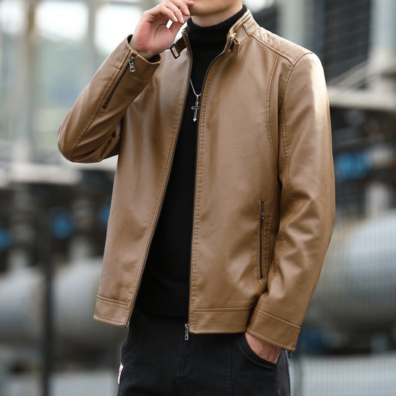 Leather Men'S Fashionable 2021 Men'S Korean Style Slim-Fit Standing Collar Casual Jacket For Youth Pu Leather Jacket For Men - Image 5