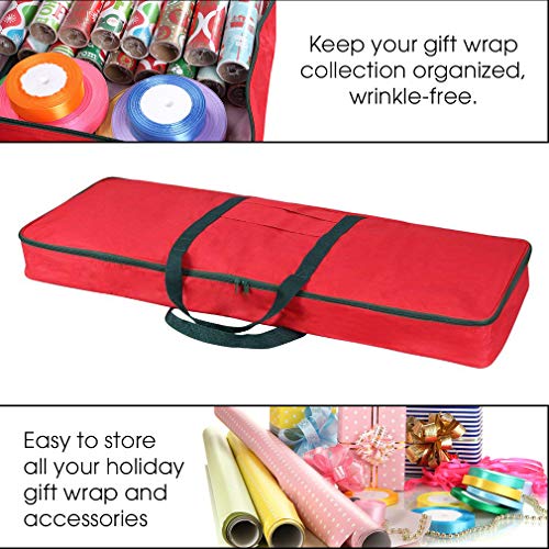 Primode Christmas Wrapping Paper Storage Bag with Pockets | Gift Wrap Organizer Container | 37” x 14” x 4” | Underbed Durable Box Made of 600D Oxford Material (Red) - Image 3