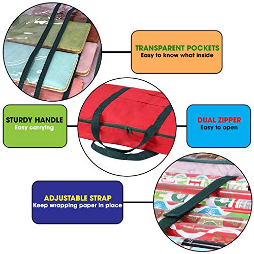 Primode Christmas Wrapping Paper Storage Bag with Pockets | Gift Wrap Organizer Container | 37” x 14” x 4” | Underbed Durable Box Made of 600D Oxford Material (Red) - Image 2