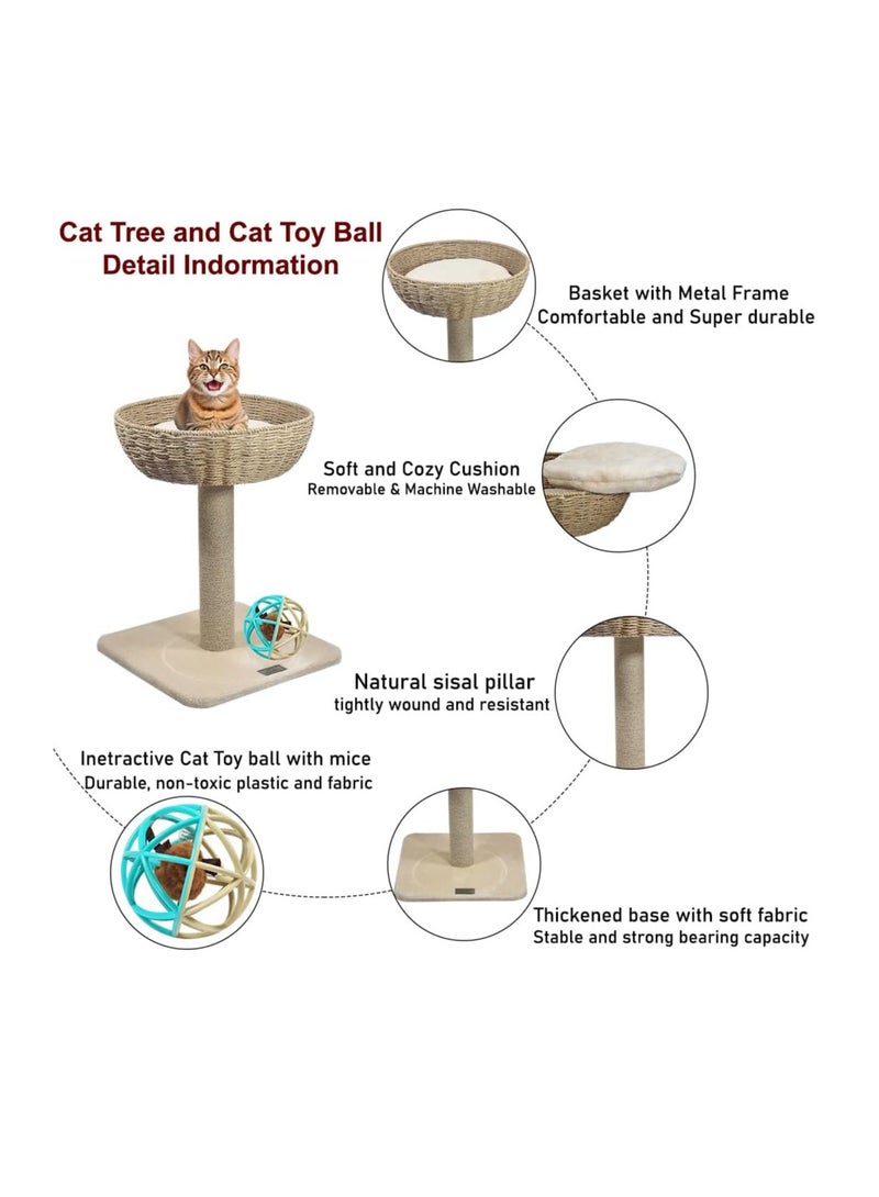 NNC PETS Cat tree with Rattan wicker basket perch, Interactive cat toy, Sisal scratching post and Sturdy Base, 53 cm Cat climbing frame for Indoor cats, Cat tree activity center and Easy to assemble (Beige) - Image 3