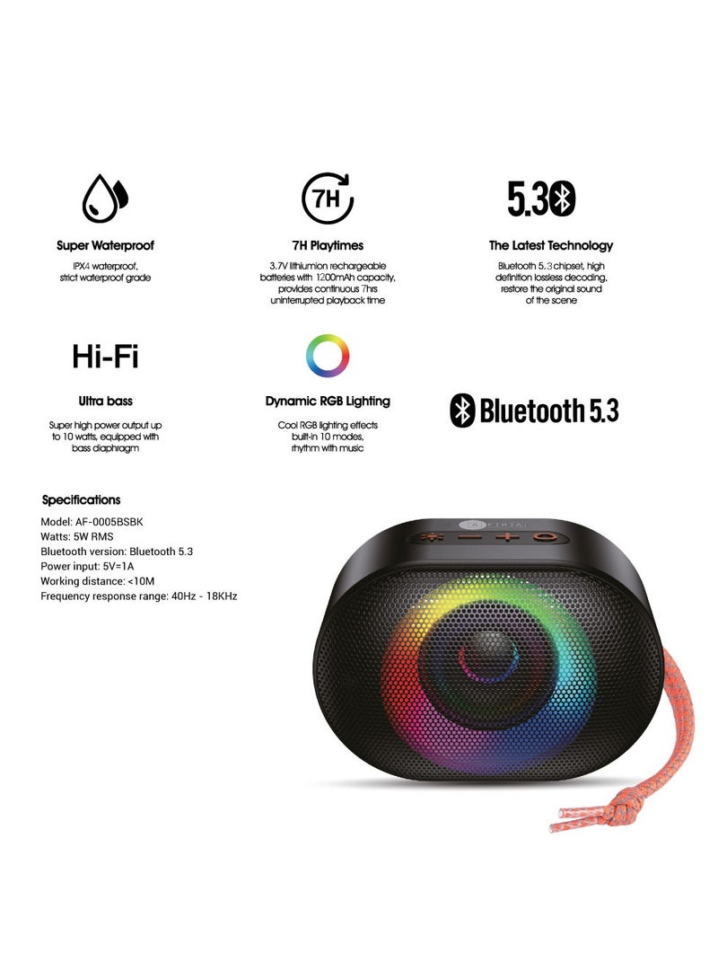 AFRA Bluetooth Speaker, 5 Watts, Black, Plastic Body, Ultra Bass, 7 Hour Playtime, Dynamic RGB Lighting, AF-0005BSBK, 2 Years Warranty  - Image 2