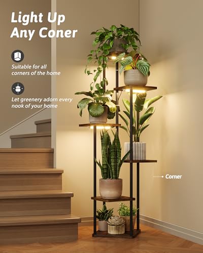 GENTINGBRO Corner Plant Stand Indoor 6 tiered plant shelf for Multiple Plants tall plant holder plant table metal shelving for Living Room Bedroom Balcony Patio Brown Oak with Light - Image 3