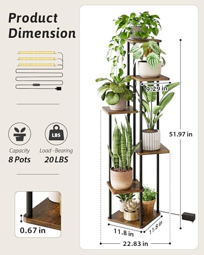 GENTINGBRO Corner Plant Stand Indoor 6 tiered plant shelf for Multiple Plants tall plant holder plant table metal shelving for Living Room Bedroom Balcony Patio Brown Oak with Light - Image 2