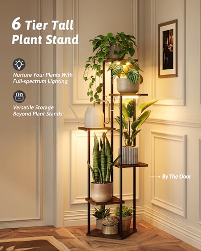 GENTINGBRO Corner Plant Stand Indoor 6 tiered plant shelf for Multiple Plants tall plant holder plant table metal shelving for Living Room Bedroom Balcony Patio Brown Oak with Light - Image 5