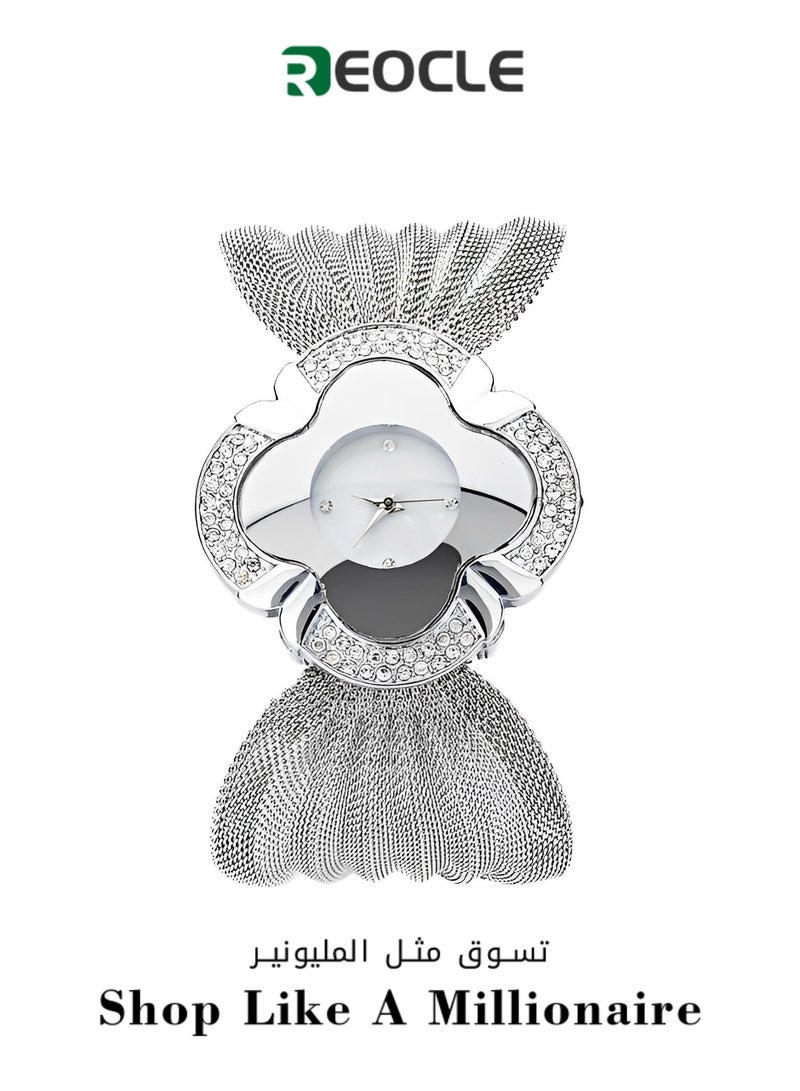 ريوكل ساعة كوارتز نسائية بقرص على شكل زهرة البرسيم ذات الأربع أوراق وحزام شبكي على شكل فراشة مبالغ فيه، ساعة يد مرصعة بالألماس اللامع، هدايا للبنات والسيدات - Image 1