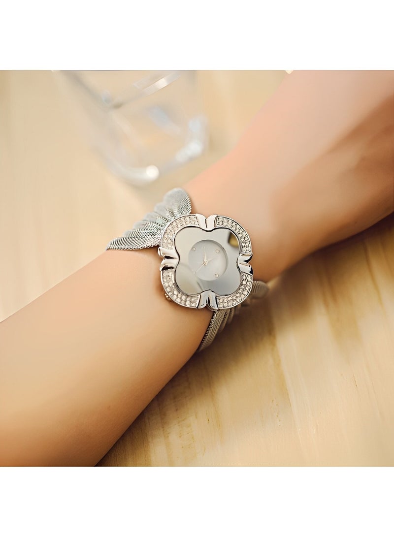 ريوكل ساعة كوارتز نسائية بقرص على شكل زهرة البرسيم ذات الأربع أوراق وحزام شبكي على شكل فراشة مبالغ فيه، ساعة يد مرصعة بالألماس اللامع، هدايا للبنات والسيدات - Image 5