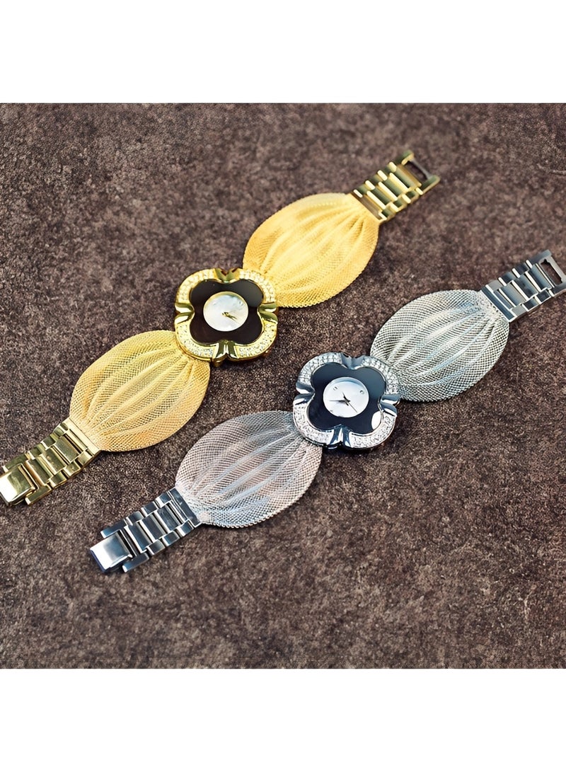 ريوكل ساعة كوارتز نسائية بقرص على شكل زهرة البرسيم ذات الأربع أوراق وحزام شبكي على شكل فراشة مبالغ فيه، ساعة يد مرصعة بالألماس اللامع، هدايا للبنات والسيدات - Image 2