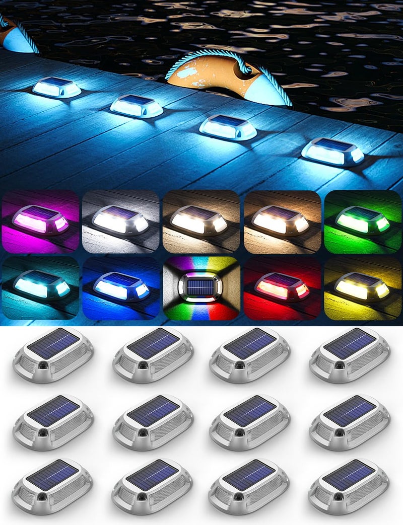 12Pack Aluminum Alloy Solar Driveway Lights IP68 Solar Deck Light Marine Dock Lights Outdoor Waterproof Multicolor LED Driveway Markers for Walkway Path Decor 12Modes StrobeRGBFixcolor