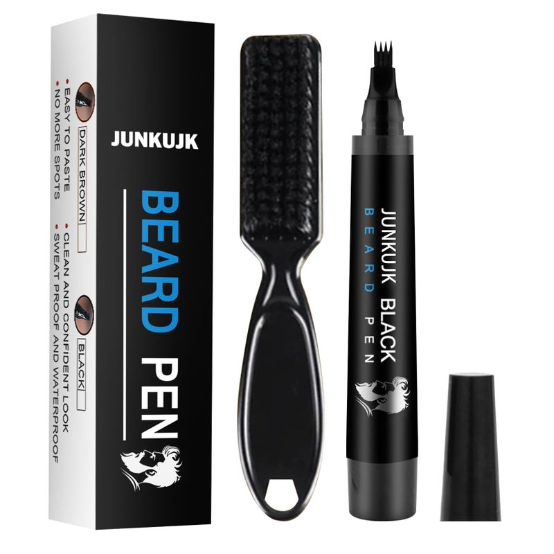 Beard Pencil Waterproof Beard Filler Pen Kit for Men Long Lasting Coverage 4 Tips with Brush for Neat and Natural Thick Beard Black