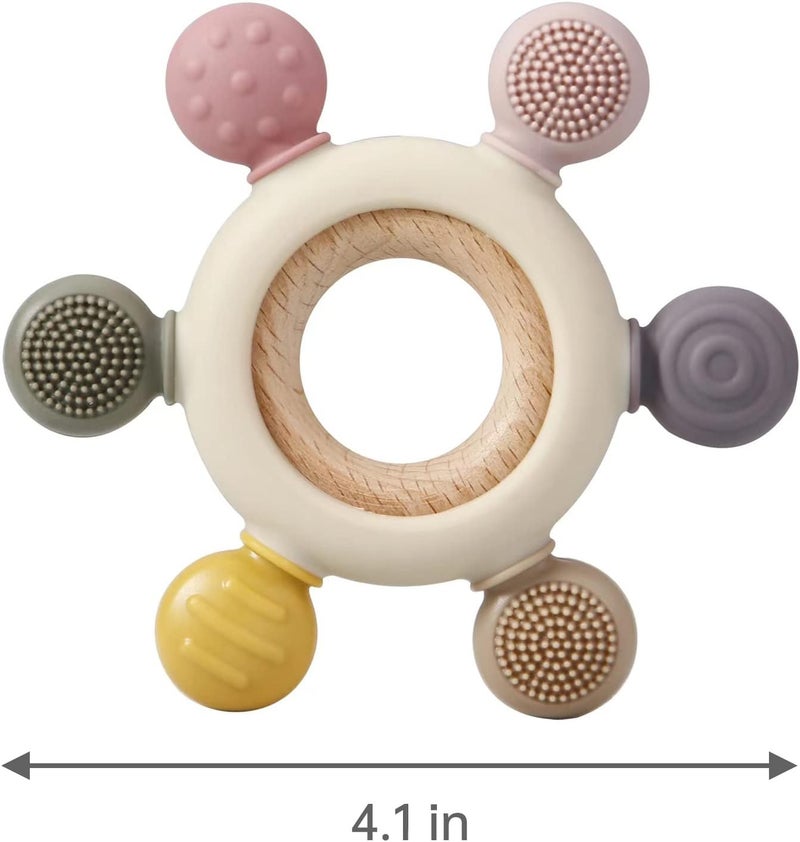 PandaEar Baby Teething Toys - Silicone Rudder Toy with Wooden Rings for Soothing Teething Pain Relief - Shower Gift for lnfants & Toddlers 3+ Months (Pink) - Image 3