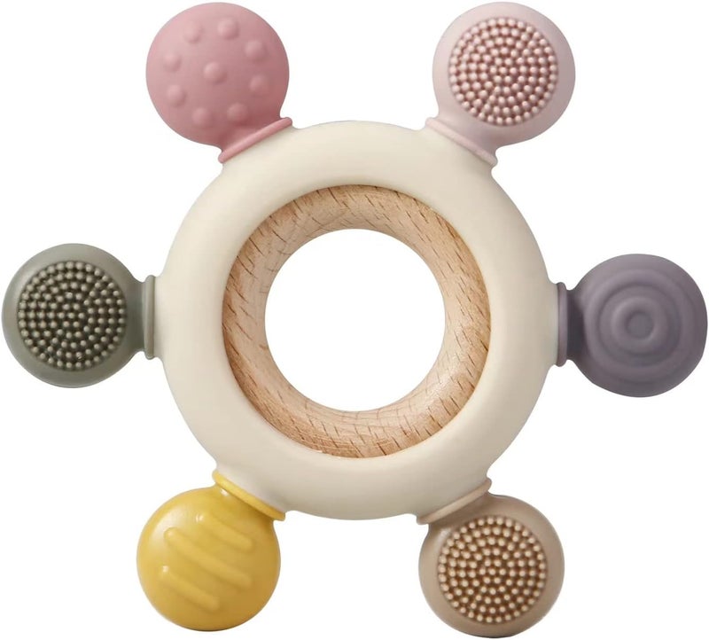 PandaEar Baby Teething Toys - Silicone Rudder Toy with Wooden Rings for Soothing Teething Pain Relief - Shower Gift for lnfants & Toddlers 3+ Months (Pink) - Image 1