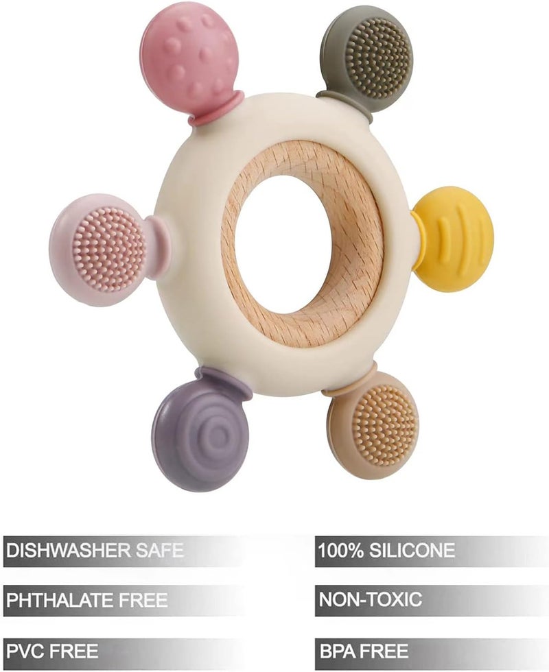 PandaEar Baby Teething Toys - Silicone Rudder Toy with Wooden Rings for Soothing Teething Pain Relief - Shower Gift for lnfants & Toddlers 3+ Months (Pink) - Image 2