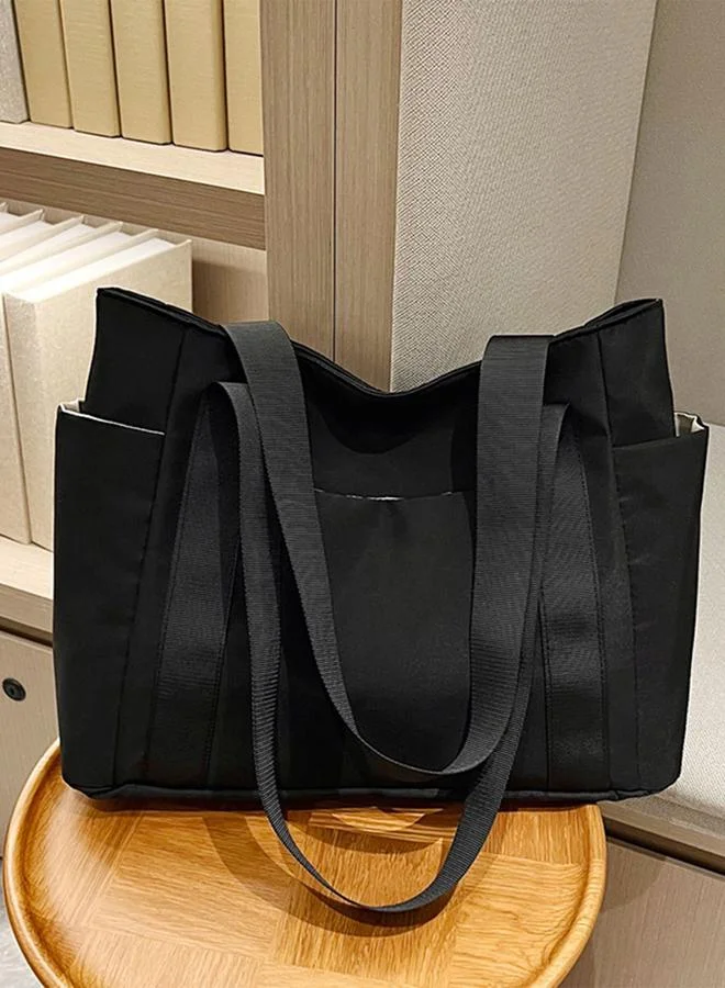 Take Two Black Solid Double Strap Tote Bag