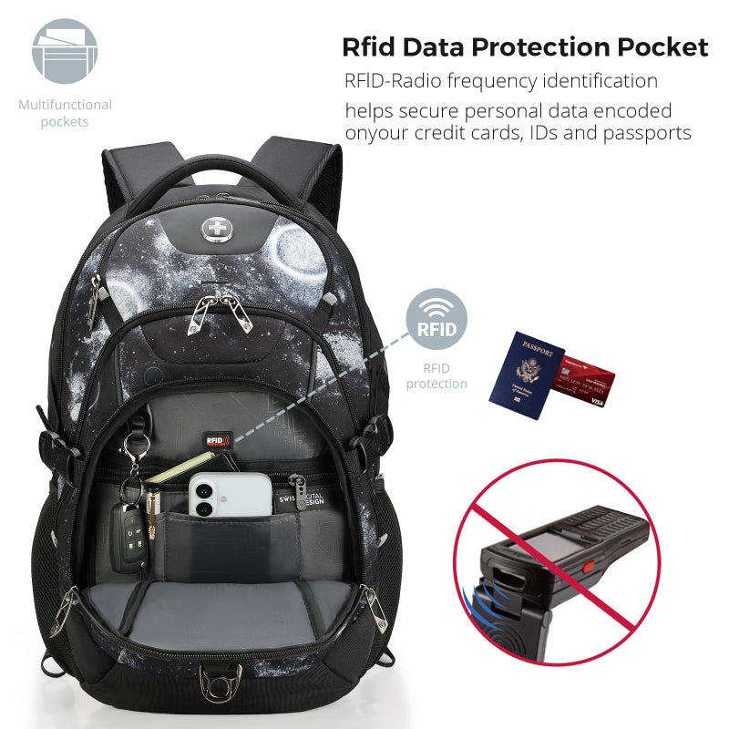 Swissdigital Laptop Backpack with USB Charging Port, Travel Backpack Fits 15.6 inches Computer, 31L Backpack for Men, Starry Sky | SD803-98 - Image 4