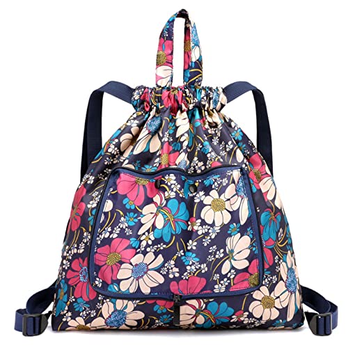 Mockery Large Capacity Drawstring Backpack for Women Foldable Large Travel Tote Bags Sport String Bag for Gym Shopping Yoga, Big Blue Flower - Image 1