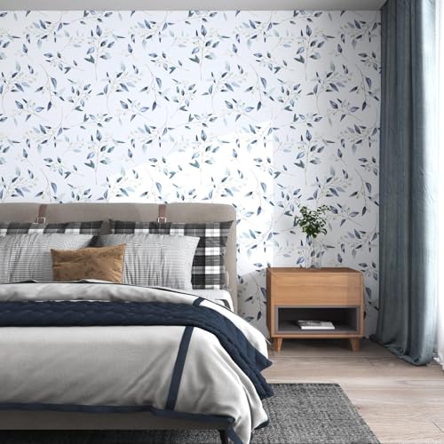 Laatse Blue Leaf Contact Paper 175In x 393In Boho Leaf Wallpaper Peel and Stick Self Adhesive Farmhouse Vintage Floral Wall Paper for Bedroom Countertop Drawers Decor - Image 3